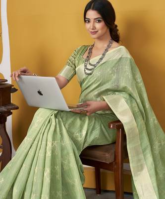 Soft linen cotton silk blend saree with gold zari weaving 2
