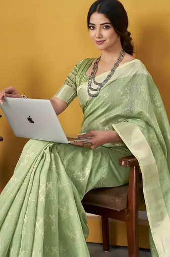 Soft linen cotton silk blend saree with gold zari weaving