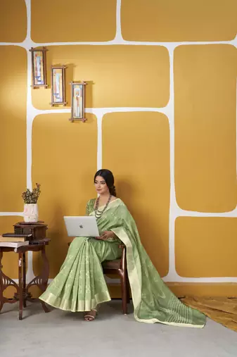 Soft linen cotton silk blend saree with gold zari weaving