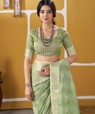 Soft linen cotton silk blend saree with gold zari weaving 4