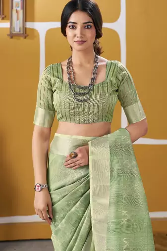 Soft linen cotton silk blend saree with gold zari weaving