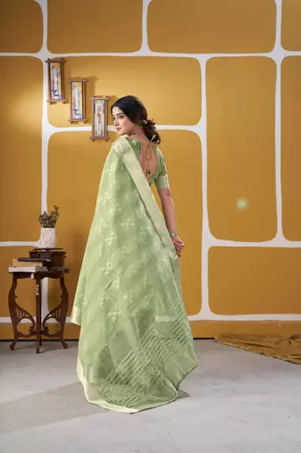 Soft linen cotton silk blend saree with gold zari weaving
