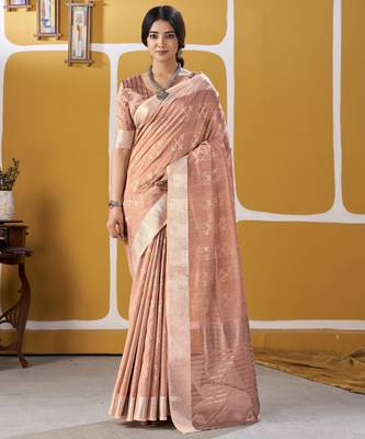Soft linen cotton silk blend saree with gold zari weaving 1