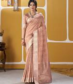 Soft linen cotton silk blend saree with gold zari weaving