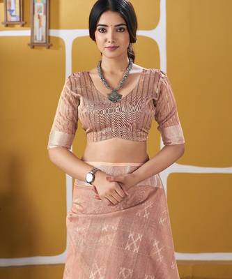 Soft linen cotton silk blend saree with gold zari weaving 2