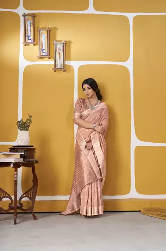 Soft linen cotton silk blend saree with gold zari weaving
