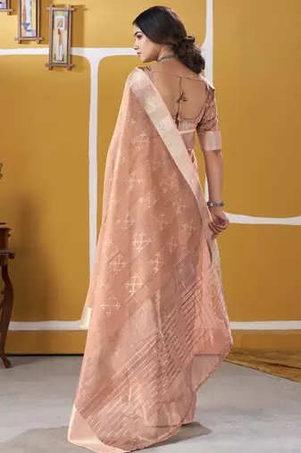 Soft linen cotton silk blend saree with gold zari weaving