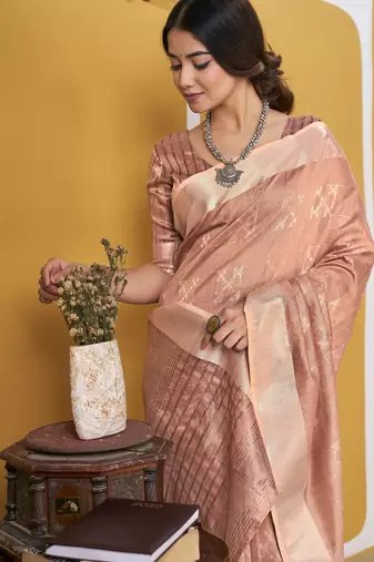 Soft linen cotton silk blend saree with gold zari weaving