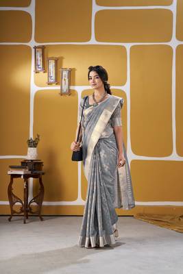 Soft linen cotton silk blend saree with gold zari weaving 1