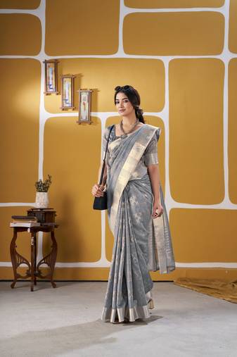 Soft linen cotton silk saree with gold zari weaving | elegant party & wedding wear saree