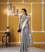 Soft linen cotton silk blend saree with gold zari weaving