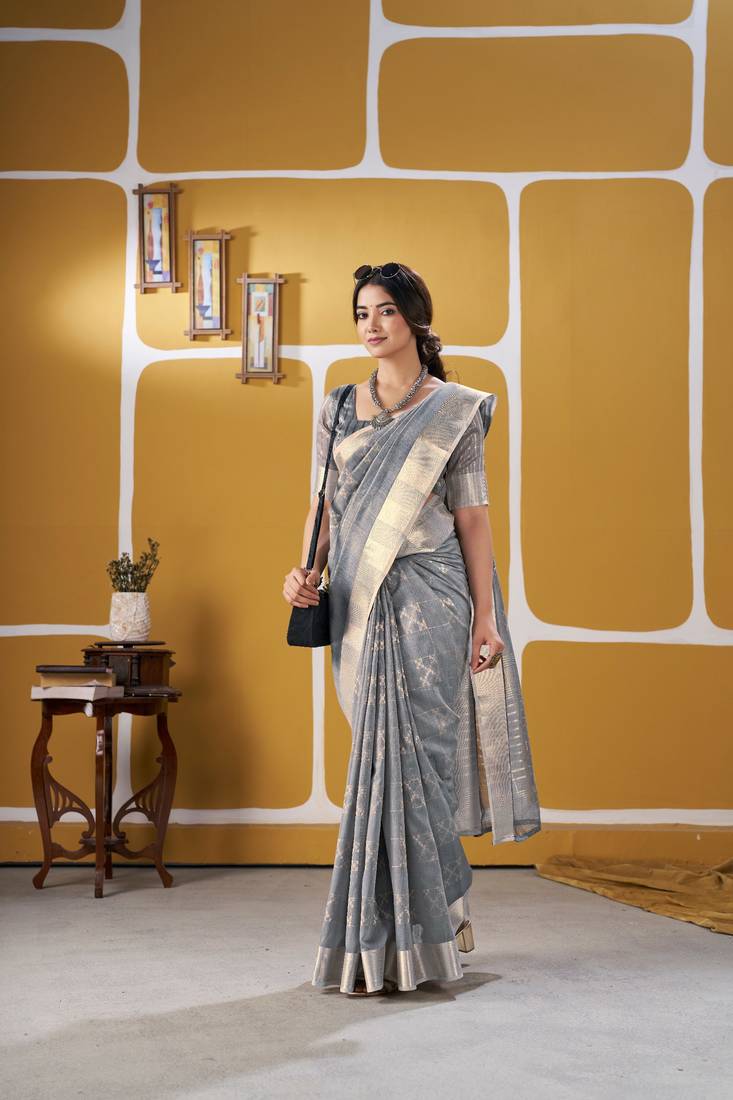 Soft linen cotton silk saree with gold zari weaving | elegant party & wedding wear saree