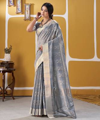 Soft linen cotton silk blend saree with gold zari weaving 2
