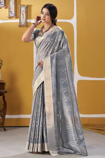 Soft linen cotton silk blend saree with gold zari weaving