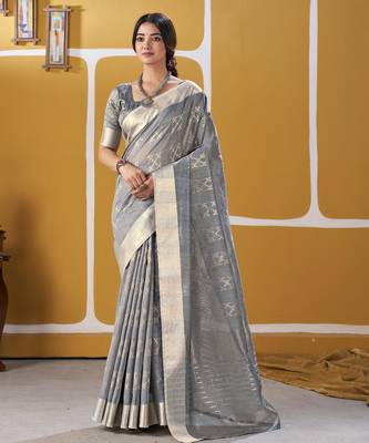 Soft linen cotton silk blend saree with gold zari weaving 3