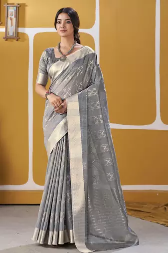 Soft linen cotton silk blend saree with gold zari weaving