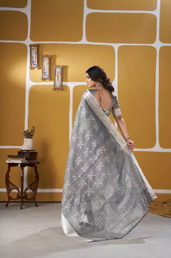 Soft linen cotton silk blend saree with gold zari weaving