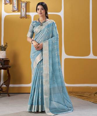 Soft linen cotton silk blend saree with gold zari weaving 1
