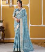 Soft linen cotton silk blend saree with gold zari weaving