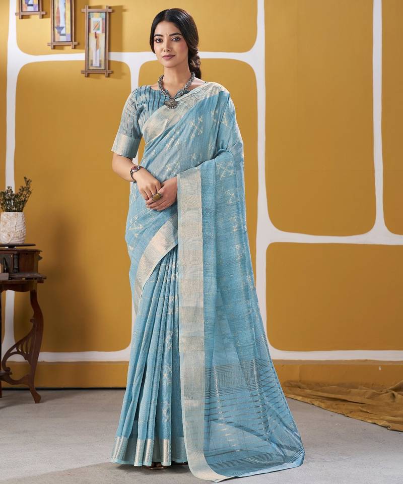 Soft linen cotton silk saree with gold zari weaving | elegant party & wedding wear saree