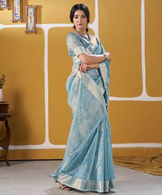 Soft linen cotton silk blend saree with gold zari weaving 2