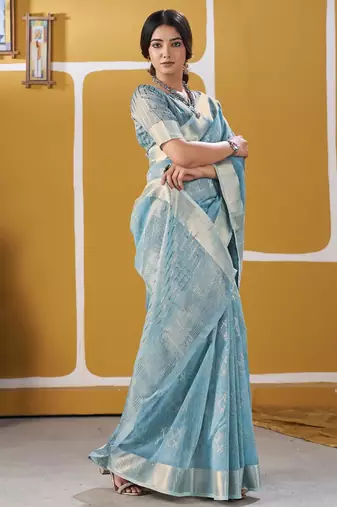 Soft linen cotton silk blend saree with gold zari weaving