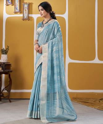 Soft linen cotton silk blend saree with gold zari weaving 3
