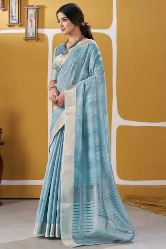 Soft linen cotton silk blend saree with gold zari weaving