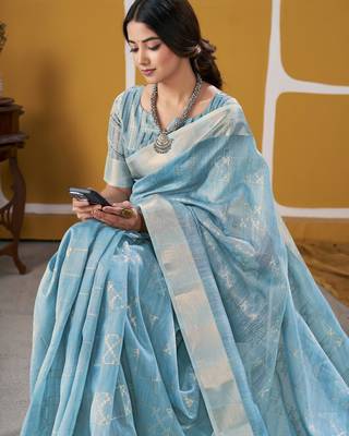 Soft linen cotton silk blend saree with gold zari weaving 4