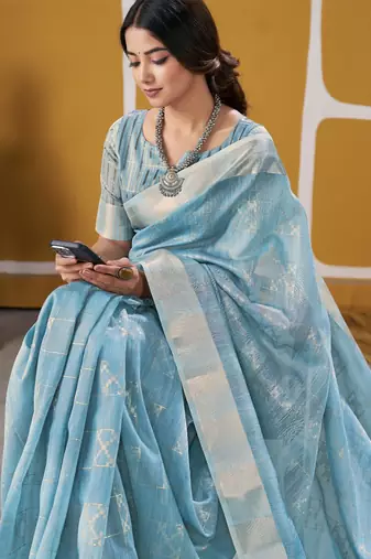 Soft linen cotton silk blend saree with gold zari weaving