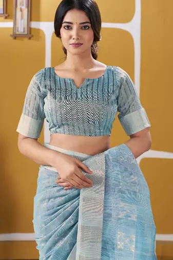 Soft linen cotton silk blend saree with gold zari weaving