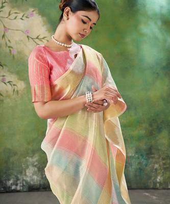 Soft linen cotton silk blend saree with gold zari weaving 2