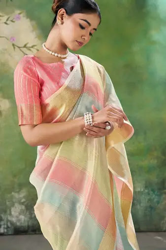 Soft linen cotton silk blend saree with gold zari weaving