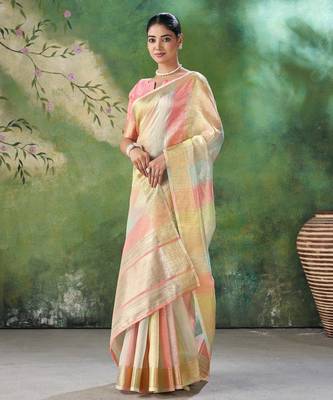 Soft linen cotton silk blend saree with gold zari weaving 1