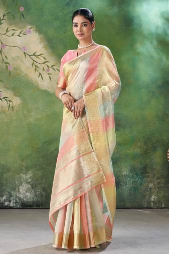 Soft linen cotton silk saree with gold zari weaving | elegant party & wedding wear saree