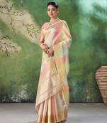 Soft linen cotton silk blend saree with gold zari weaving