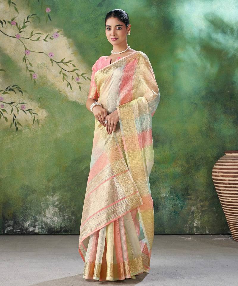 Soft linen cotton silk saree with gold zari weaving | elegant party & wedding wear saree