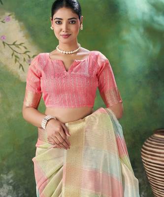 Soft linen cotton silk blend saree with gold zari weaving 3