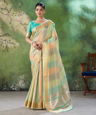 Soft linen cotton silk blend saree with gold zari weaving 1