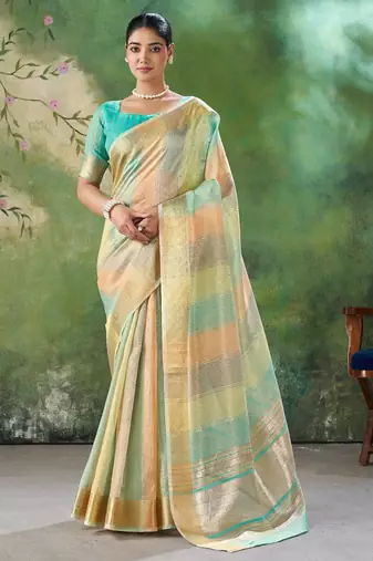 Soft linen cotton silk saree with gold zari weaving | elegant party & wedding wear saree