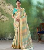 Soft linen cotton silk blend saree with gold zari weaving