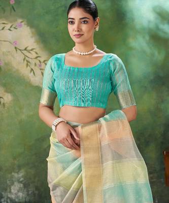 Soft linen cotton silk blend saree with gold zari weaving 2