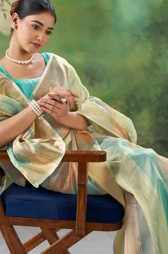 Soft linen cotton silk blend saree with gold zari weaving