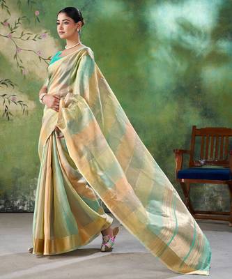 Soft linen cotton silk blend saree with gold zari weaving 5