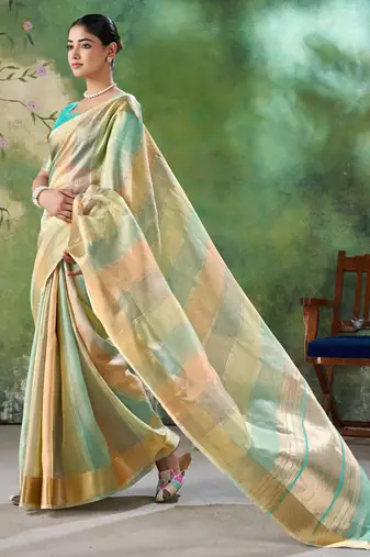 Soft linen cotton silk blend saree with gold zari weaving
