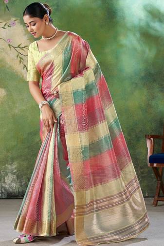 Soft linen cotton silk saree with gold zari weaving | elegant party & wedding wear saree