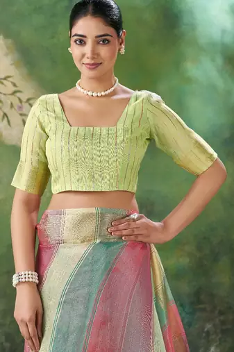 Soft linen cotton silk blend saree with gold zari weaving