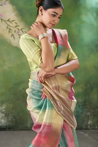 Soft linen cotton silk blend saree with gold zari weaving