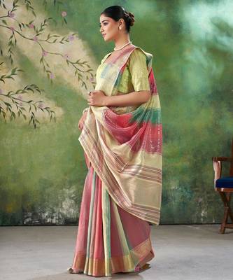 Soft linen cotton silk blend saree with gold zari weaving 5
