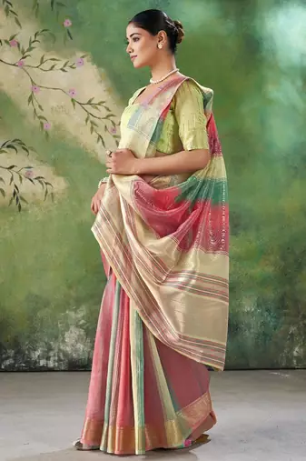 Soft linen cotton silk blend saree with gold zari weaving